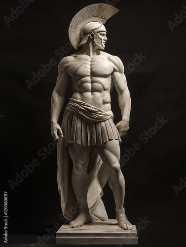 Statue of Spartan warrior standing confidently against black background