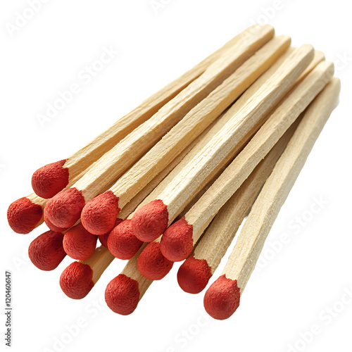A pile wooden matches, isolated over a white background, with their red tips and wooden shafts visible.