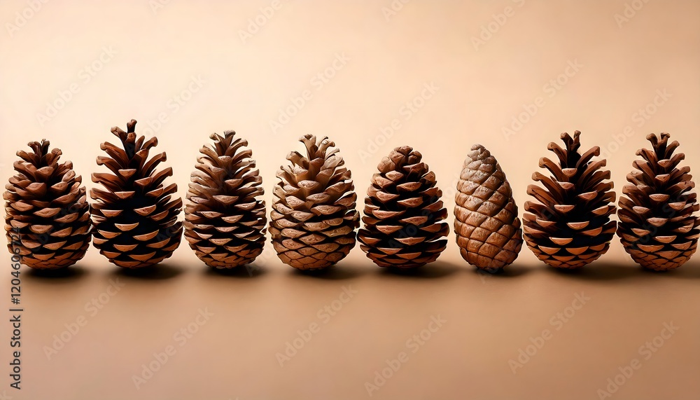 Rustic Pine Cones Displayed in a Horizontal Row on Neutral Tones Rustic Pine Cones Displayed in a Horizontal Row on Neutral Tones