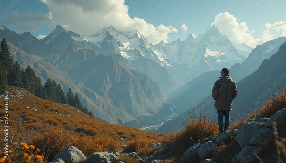 Fototapeta premium Man Gazing at Majestic Mountains