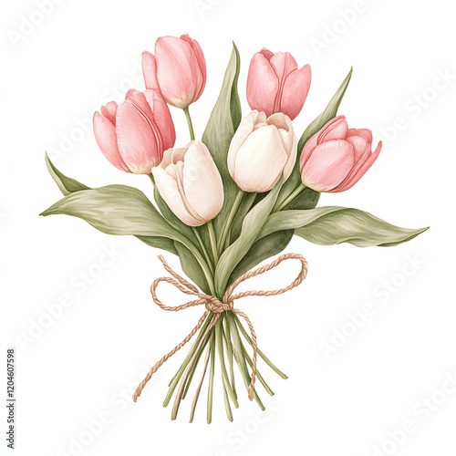 beautiful hand tied bouquet of pink and white tulips with twine