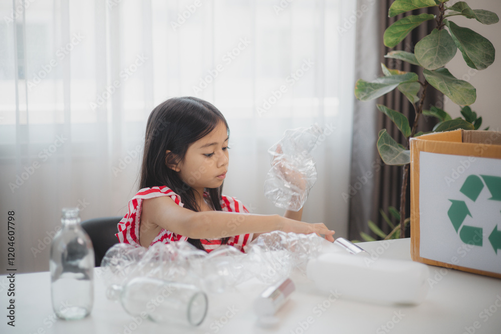 Asian little Girls dump plastic bottles in recycling boxes to reduce trash, reuse, and recycle. Recyclability and sustainability concept. Asian little Girls dump plastic bottles in recycling boxes to reduce trash, reuse, and recycle. Recyclability and sustainability concept.