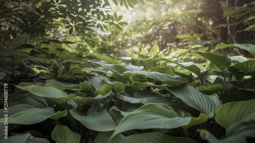 Lush green plants basking in soft sunlight, creating a serene atmosphere in a tropical garden. photo