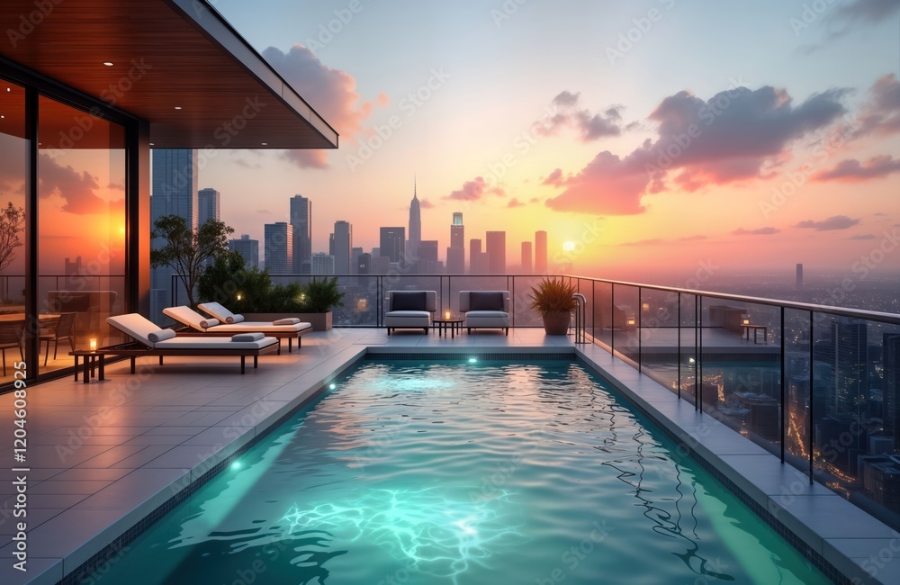 Obraz premium Luxury rooftop terrace with pool, city skyline view at sunset. Modern penthouse apartment hotel features stylish lounge area with sunbeds. Perfect for relaxation, tourism. View of skyscrapers,