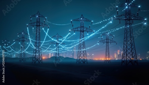 Modern smart grid tech. Electricity pylons illuminated with glowing blue lights. City skyline visible in background at night. Advanced tech for eco energy distribution. Efficient electricity grid photo