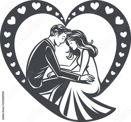 A modern and stylized black and white vector illustration of a man and a woman in a loving embrace, illustration of a couple