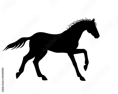 Horse galloping - vector silhouette for logo or pictogram.  A horse in a canter phase with support on two legs. Beautiful, thoroughbred Prancing stallion - black silhouette sign 2026	