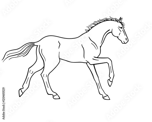 Horse galloping - vector linear picture for coloring. Outline. Hand drawing. A horse in a canter center, phase with support on two legs. Fine, thoroughbred prancing stallion