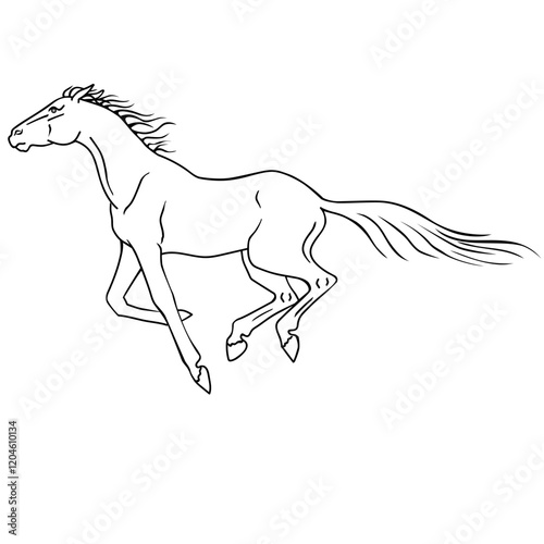 Galloping horse - vector linear image. Outline. Graceful thoroughbred horse galloping image for stencil.