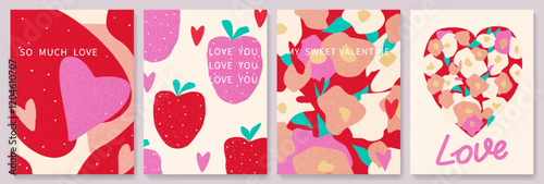 Art background with postcards for Valentine's Day with heart, flowers, strawberries in modern style. Set of romantic posters for cover design, wallpaper, template, gift, congratulations.