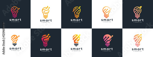 Collection of smart light bulb and financial arrow logo designs. Arrow bulb logo template. Finance logo symbol icon