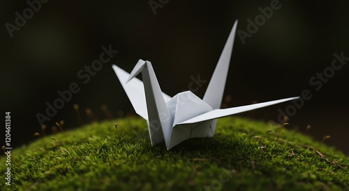 Delicate white origami crane on lush green moss.  Japanese art. photo