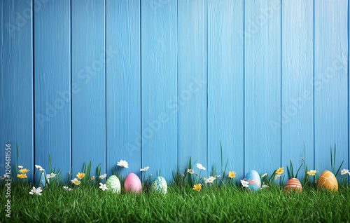 Sfondo pasquale con assi di legno blu., uova di Pasqua e fiori. Spazio per testo o messaggio photo