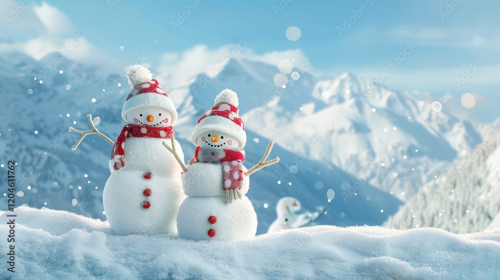 Fototapeta premium Two cheerful snowmen in snowy mountains.