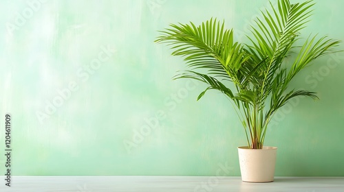 A vibrant green palm plant in a white pot sits against a soft mint-green wall, adding a refreshing touch to the space.