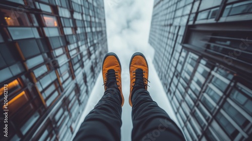 Vibrant orange sneakers dangle above an urban jungle, capturing a thrilling moment of adventure and cityscape exploration.