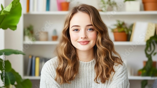 A young woman with wavy hair smiles warmly, seated in front of shelves adorned with plants and books, exuding a cozy and inviting atmosphere.