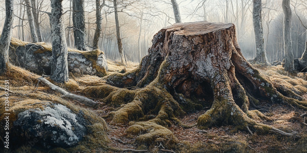 Misty forest tree stump, moss, roots. Nature background Misty forest tree stump, moss, roots. Nature background