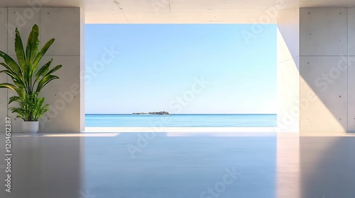 A modern interior space with a large opening showcasing a serene ocean view and a single green plant, creating a calming atmosphere.
