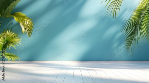 A serene backdrop featuring a light blue wall and lush green palm leaves, creating a tropical ambiance.