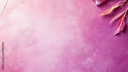 A soft pink background with gentle textures, accented by delicate leaves, creating a serene and elegant atmosphere.