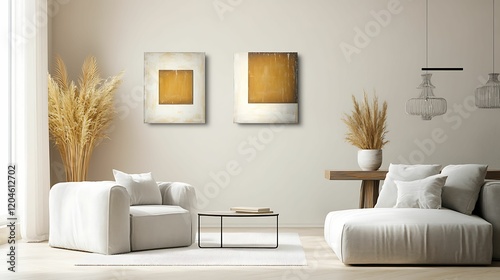 A modern living room featuring neutral tones, stylish furniture, and decorative art pieces, creating a cozy and inviting atmosphere.