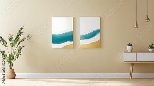 A modern interior featuring two abstract wall art pieces with blue and gold tones, complemented by a plant and minimalist furniture.
