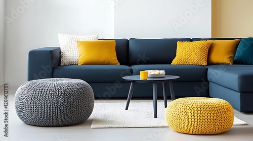 A modern living room featuring a dark blue sofa, vibrant yellow cushions, round poufs, and a minimalist coffee table on a light rug.
