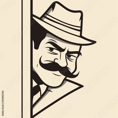 cartoon spying detective with a mustache vintage comic illustration