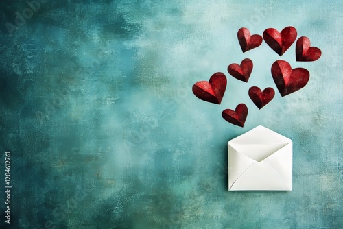 A flat lay image of a Valentine's day greeting card adorned with a love message, showcasing an envelope and red hearts placed on a blue background in a top-down view.