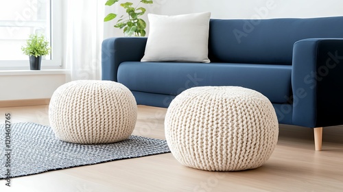 A cozy living room with a blue sofa, decorative pillows, and knitted poufs on a rug, surrounded by natural light and greenery.