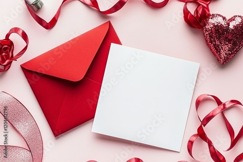 On Valentine's Day, an envelope, a card, and several red hearts are artfully laid out to express love in a flat lay style.