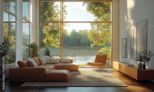 Modern living room, lake view, sunrise, calm