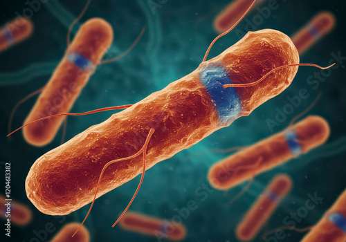 Visual representation of antimicrobial resistance (AMR) in bacteria, with genetic mutations enabling bacteria to evade treatment, in a detailed 3D illustration.