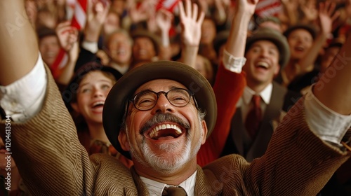 Joyful Crowd Cheering Elderly Man with Glasses Laughing Vintage Event Happy Audience photo