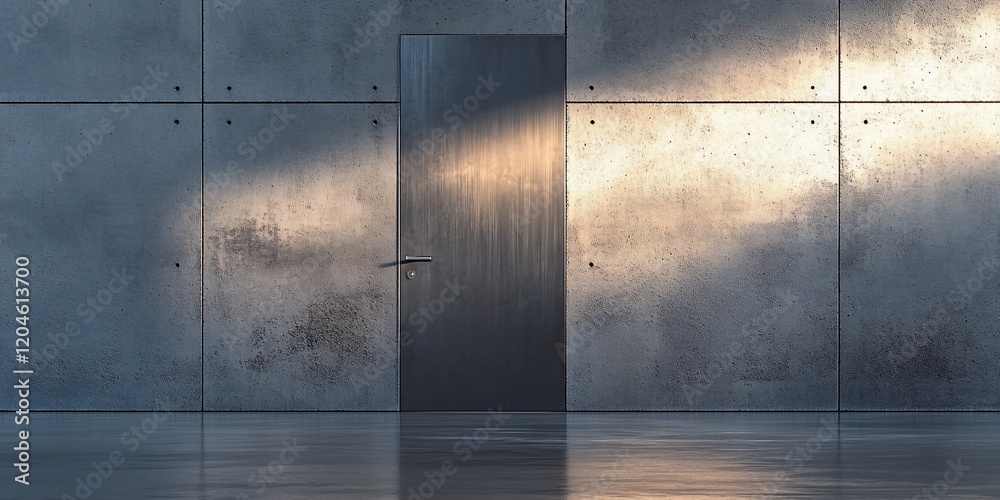 Modern concrete room, single door, sunlight. Interior design, architecture Modern concrete room, single door, sunlight. Interior design, architecture