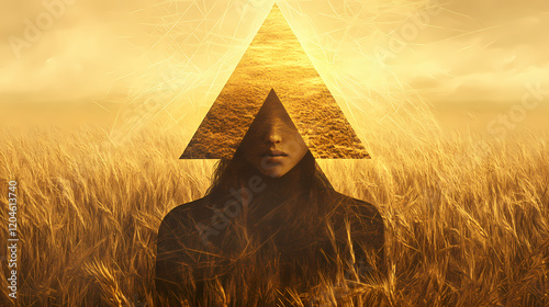 An enigmatic figure stands in vast golden fields, her face concealed within a geometric triangular shroud, emanating an air of mystery. generative ai. Golden Pyramid. Illustration