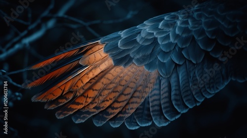 Close-up of a bird's wing in dark blue and orange hues, highlighting intricate feather details and capturing the mystery and grace of flight.