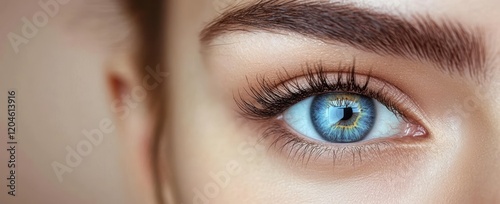 Hyper-Realistic Close-Up of a Woman's Eye with Vivid Blue Iris and Long False Eyelashes in Natural Lighting photo