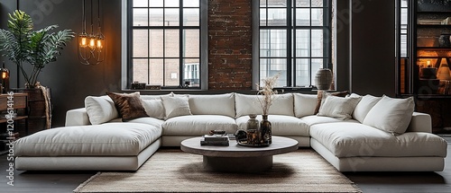 Modern sectional sofa in loft apartment, natural light