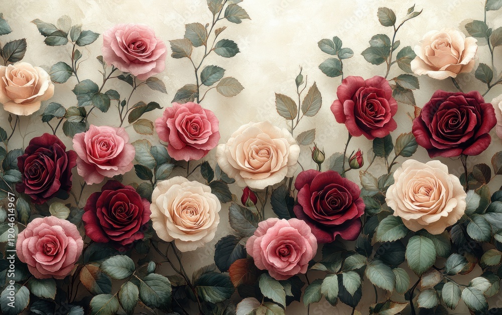 Fototapeta premium Floral Seamless Pattern with Roses and Leaves for Wallpaper and Fabric Design
