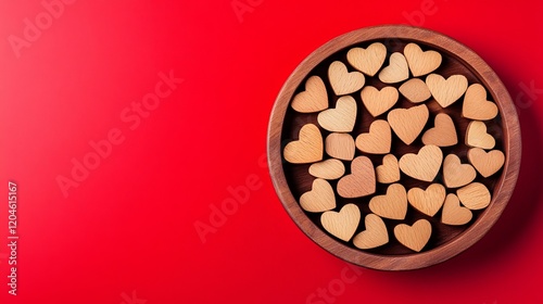 Heartfelt Valentine's Day Illustration Featuring a Red Background and Scattered Wooden Hearts