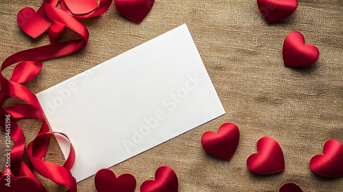 A Romantic Valentine's Day Postcard that includes a Blank White Postcard decorated with Red Paper Hearts and a Ribbon on a Brown Canvas backdrop