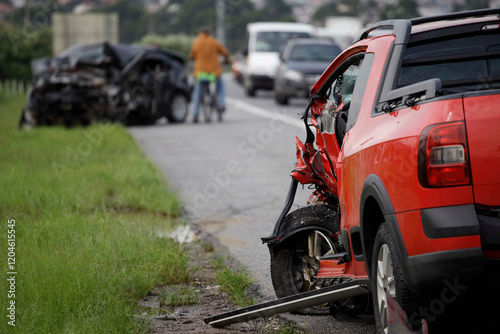 Car is seen damaged in a highway shoulder after a traffic collision in Ayrton Senna road, Sao Paulo, Brazil. photo