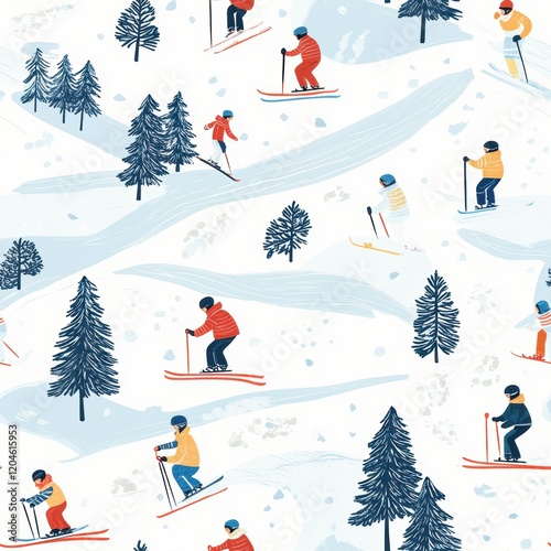 Repetitive seamless background of skier skiing for fabric design.