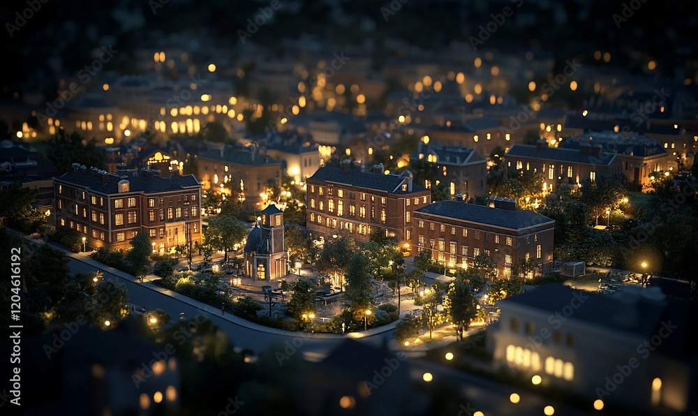 Nightfall in charming town square, aerial view Nightfall in charming town square, aerial view