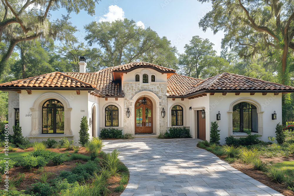 Elegant Mediterranean-style house with stone facade and tiled roof, surrounded by lush landscaping Elegant Mediterranean-style house with stone facade and tiled roof, surrounded by lush landscaping