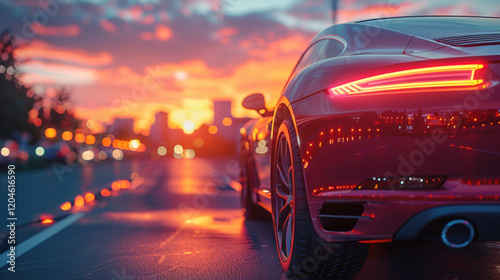 Back view of modern car at parking place with beautiful sunset cityscape. Car travel, car insurance, automobile parking area, car dealership concept.