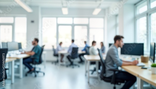 Blurred modern office interior shows people working at desks. Employees focused on tasks at computers. Open workspace environment with large windows. Casual attire suggests relaxed yet productive