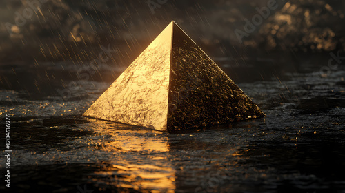 A glistening, golden pyramid sits on a wet, black surface, reflecting the light from above, creating a captivating interplay of light and shadow. Golden Pyramid. Illustration
